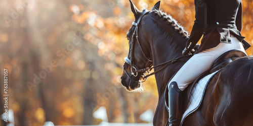 Equestrian elegance captured in the profile of a black horse and rider against the warm glow of an autumn forest backdrop. © Александр Марченко