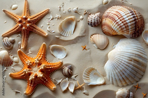 Group of Starfish and Seashells on Sandy Beach