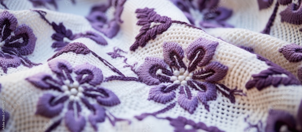 A closeup shot showcasing a piece of fabric adorned with symmetrical purple flowers, showcasing the intricate pattern and creative artistry of nature A closeup shot showcasing a piece of fabric adorned with symmetrical purple flowers, showcasing the intricate pattern and creative artistry of nature