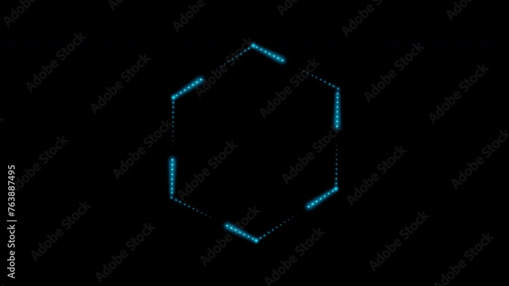 Glowing neon hexagon made of many small blue flashing dots, light bulbs. 4k 3d loop animation 60 fps. Glowing neon hexagon made of many small blue flashing dots, light bulbs. 4k 3d loop animation 60 fps.