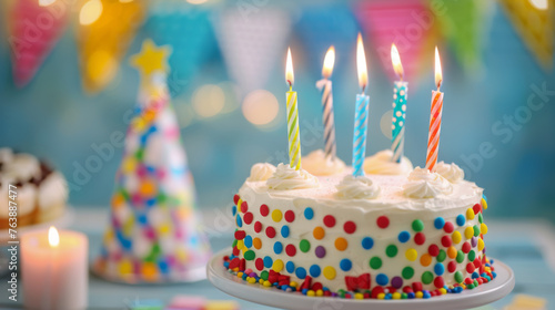 A colorful birthday cake with lit candles is surrounded by party hats and confetti on a festive table.