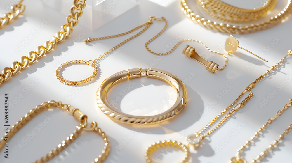 Gold ornaments in various forms, white background Gold ornaments in various forms, white background