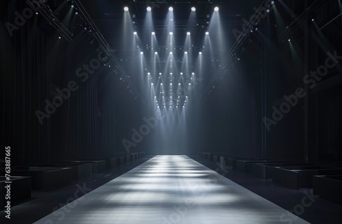 Empty catwalk with many spotlights  fashion event  runway podium stage