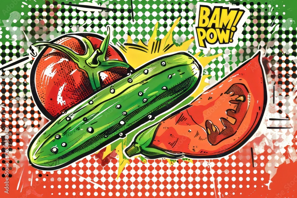Retro comic book style illustration of a cucumber and tomato in a ...