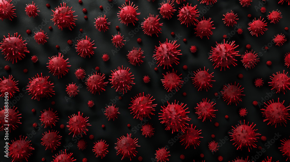 red virus particle with protruding spike proteins. red virus particle with protruding spike proteins.
