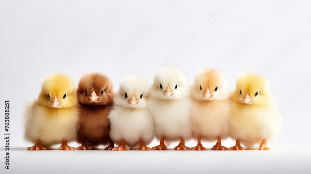 A row of chickens in different shades, from creamy white to deep brown, standing together against a white background. A row of chickens in different shades, from creamy white to deep brown, standing together against a white background.