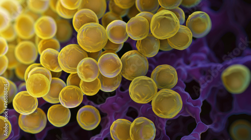 Clustered spherical bacteria cells are depicted in vibrant orange and yellow tones under magnification.