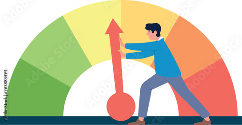 Man rotating arrow on credit or mortgage score gauge