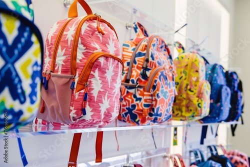 brightly patterned backpacks on clear acrylic hooks in a classroom
