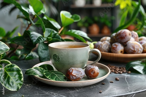 a cup tea and dates on plate for ramadan iftar style professional advertising food photography