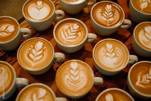 overhead view of coffee cups ready for latte art