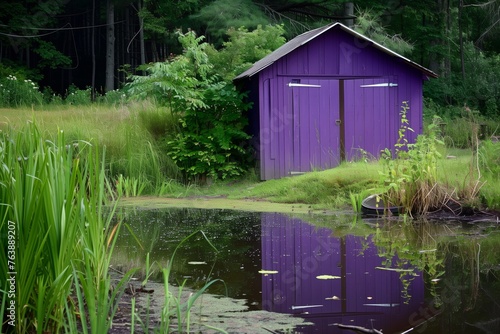purple shed with mirrorlike reflections on a pond nearby photo