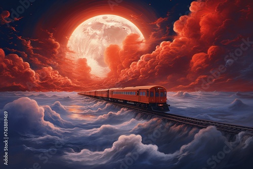 a train on the tracks in the clouds photo