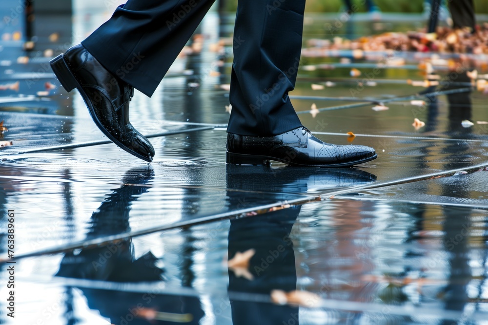 Fototapeta premium wet shoes of a businessman walking on the reflective wet sidewalk