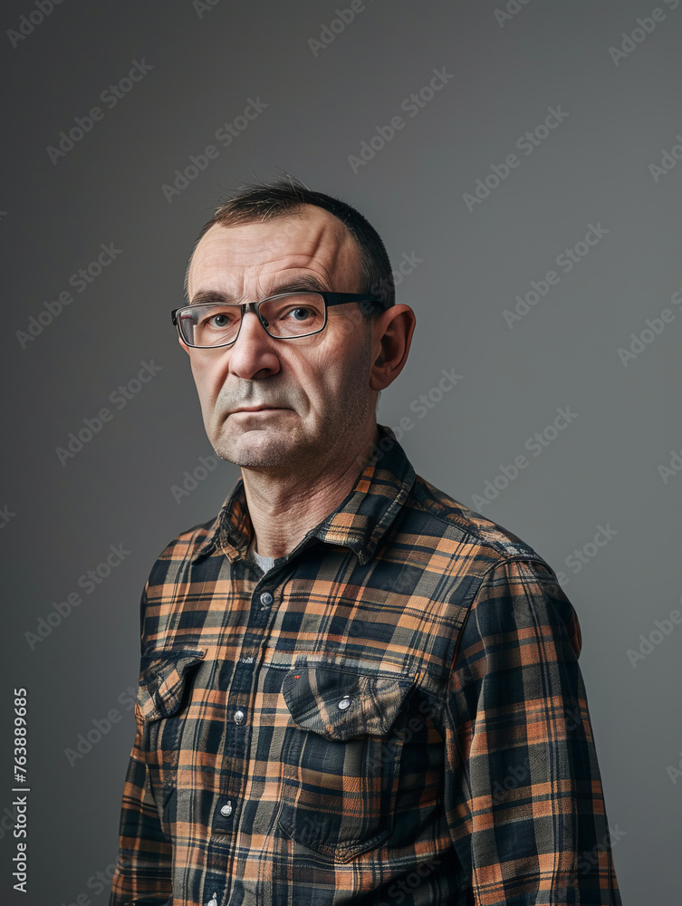 A man with a stern expression and black-rimmed glasses poses in a brown plaid shirt, against a neutral grey background A man with a stern expression and black-rimmed glasses poses in a brown plaid shirt, against a neutral grey background