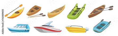 Boat and Marine Vessel with Paddle for Sailing Vector Set