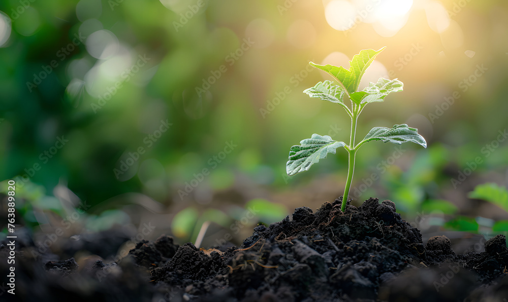 young plant growing in the soil concept save nature or agriculture on soft green tree,Generative AI - obrazy, fototapety, plakaty 