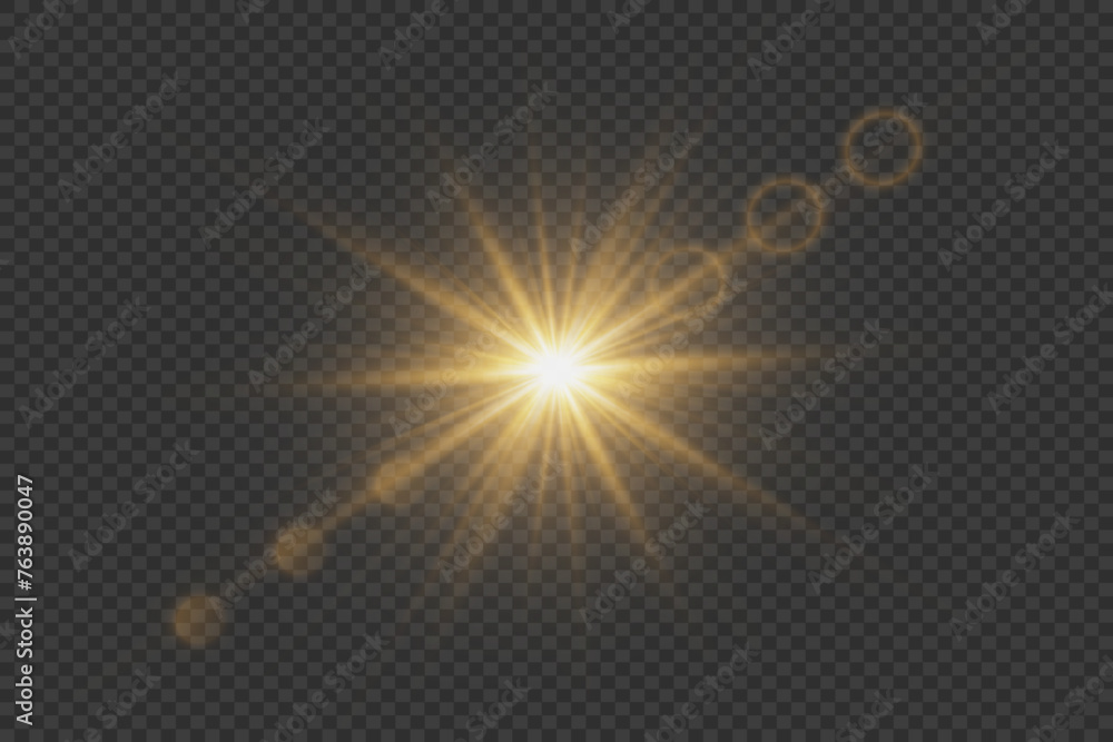 Golden light effect. A flash of starlight and sun rays. On a transparent background.