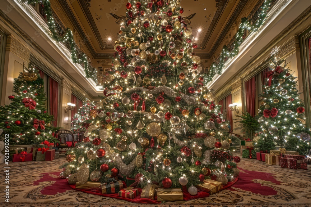 A large Christmas tree decorated with baubles and twinkling lights stands prominently in a vast room, creating a festive and joyful atmosphere