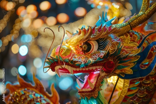 A detailed view of a dragon statue against a backdrop of colorful lights, capturing the vibrant atmosphere of a cultural festival