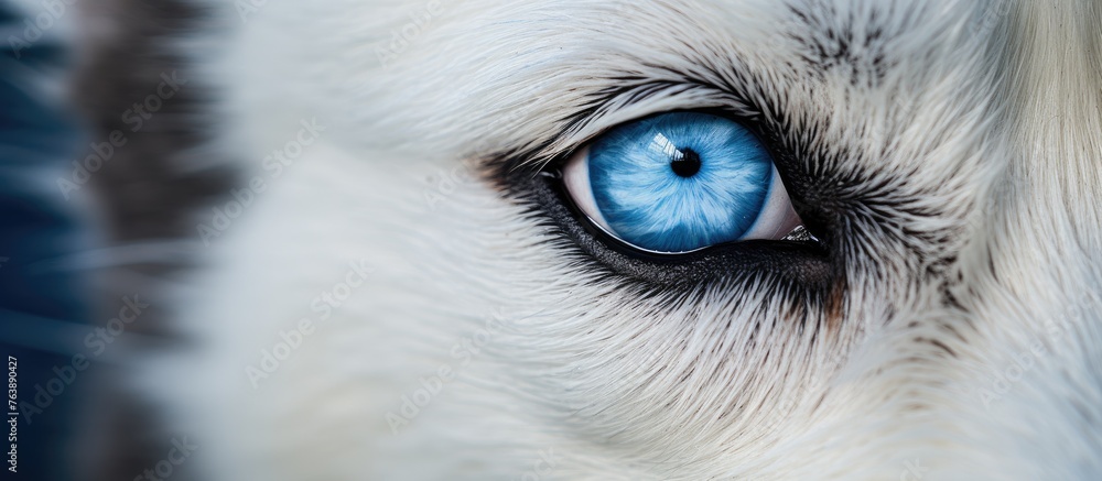 A close up of a husky dogs electric blue eye with long eyelashes, whiskers, and fluffy fur. The iris is mesmerizing in macro photography, showcasing the beauty of this carnivorous terrestrial animal