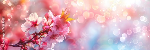 Colorful pastel background banner with pink cherry blossoms and copy space © EMRAN