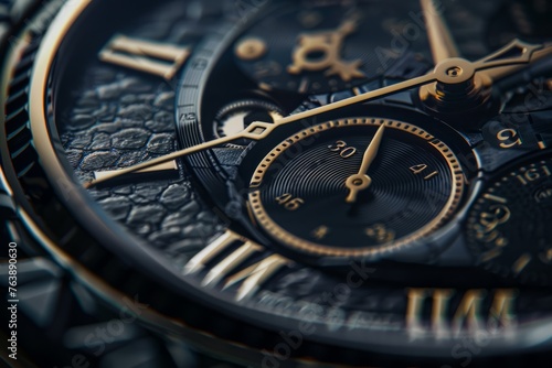 Detailed close-up of a luxury watch face with intricate Roman numerals showcasing precision engineering and craftsmanship