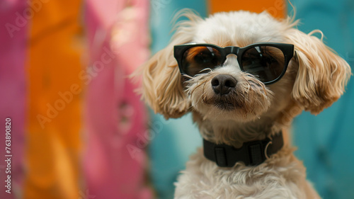 cute dog with sunglasses on colorful background with wide space for text © Yuwarin