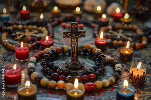 A table displaying numerous candles alongside a cross symbol photo
