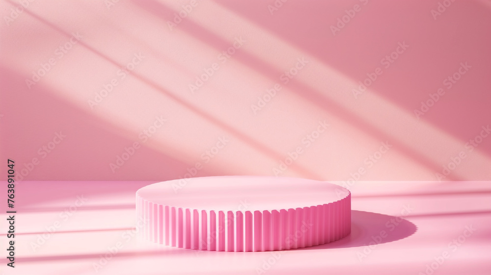 Empty pink product podium display background with a minimal pedestal show stand, modern platform, abstract light shadow showroom presentation backdrop. Cosmetic template with geometric summer shelf Empty pink product podium display background with a minimal pedestal show stand, modern platform, abstract light shadow showroom presentation backdrop. Cosmetic template with geometric summer shelf