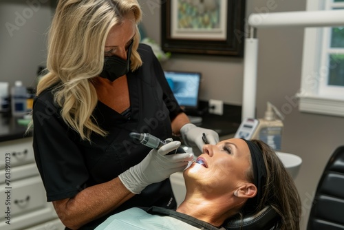 A woman getting her teeth checked by a dentist during a routine dental examination