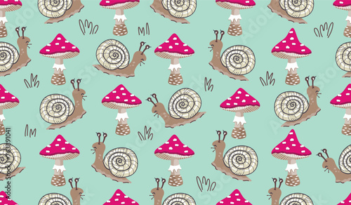 Funny seamless pattern with cute snail and fly agaric.Background with cartoon character, boletus and line drawn grass.Vector design for use in fabric,cover,wallpaper.Colorful nursery wall decor.