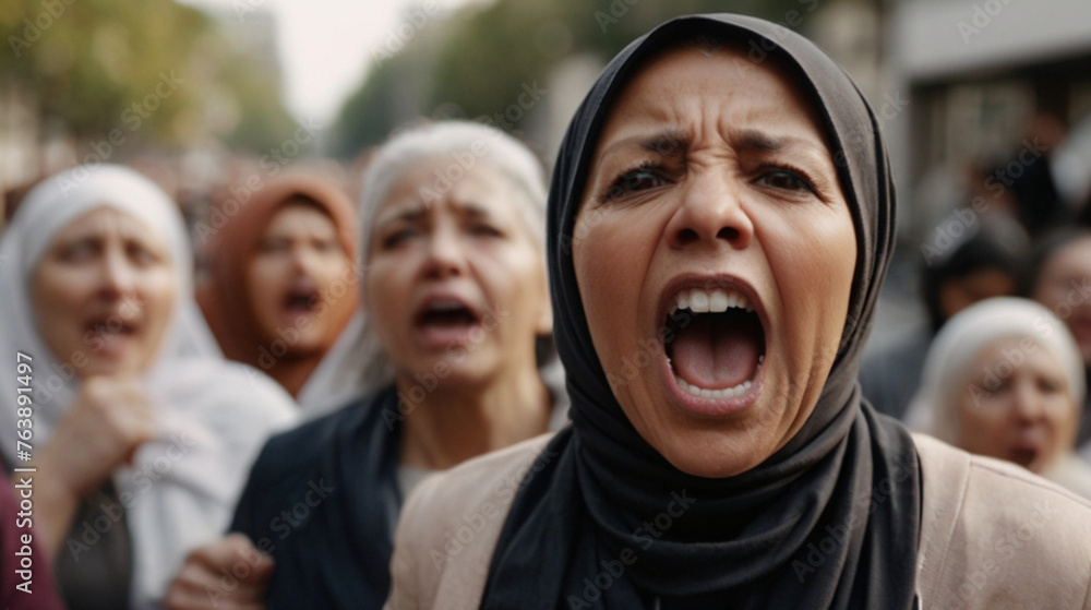 Gender equality and women's empowerment. Displeased crowd of women protesting for human rights on city streets with focus on Muslim woman shouting on march protest for women's rights. Gender equality and women's empowerment. Displeased crowd of women protesting for human rights on city streets with focus on Muslim woman shouting on march protest for women's rights.