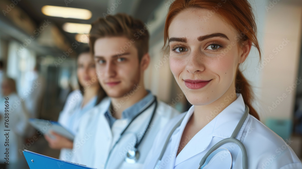 A smiling woman in a white lab coat stands confidently with her arms crossed, flanked by medical colleagues. A smiling woman in a white lab coat stands confidently with her arms crossed, flanked by medical colleagues.
