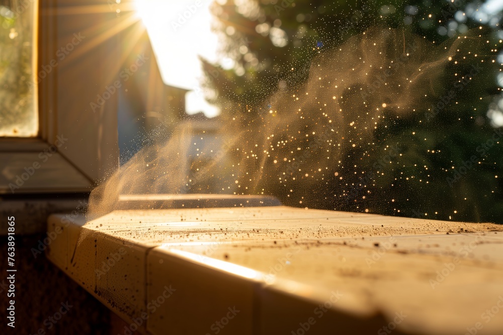 dust particles visible in sunlight while dusting - obrazy, fototapety, plakaty 