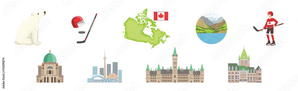 Fototapeta premium Travel to Canada Famous Landmark Colorful Vector Set