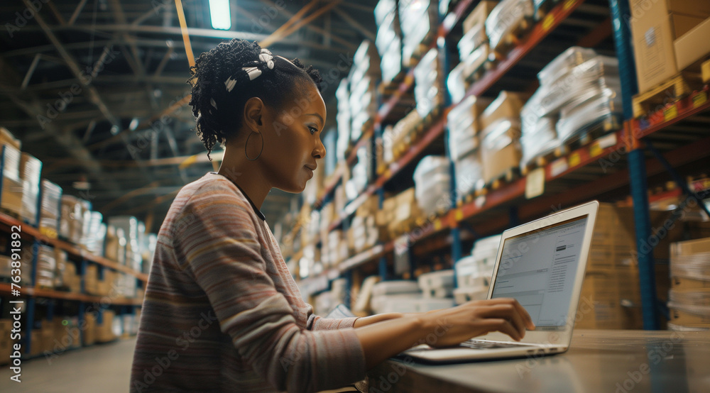 A woman with a laptop computer is seated at a desk in a warehouse A woman with a laptop computer is seated at a desk in a warehouse