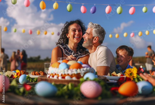 a family is sitting at a table with a cake and easter eggs