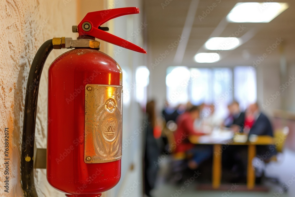 welllit fire extinguisher on wall with office meeting in background welllit fire extinguisher on wall with office meeting in background