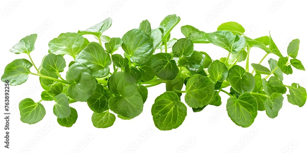 Vibrant Watercress Leaves Floating in Pure Tranquility on Isolated White Background