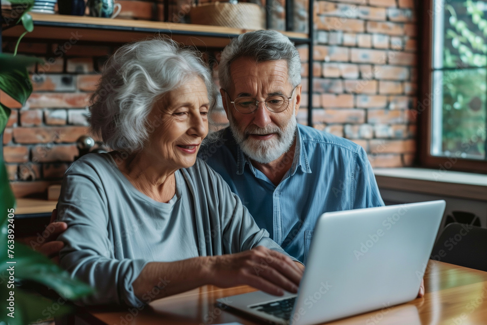 Elderly couple smiling at laptop on table in house by window Elderly couple smiling at laptop on table in house by window