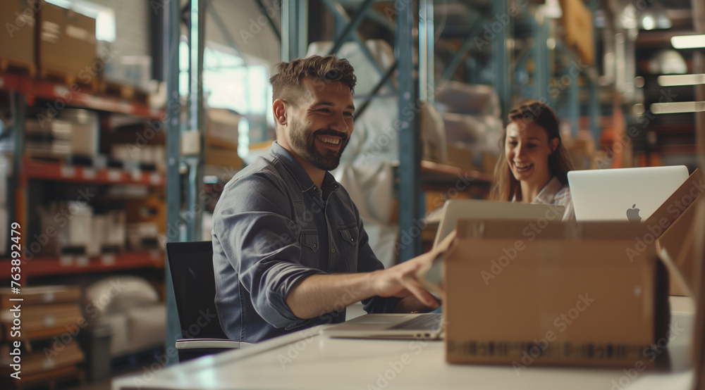 Man in retail building sits at table in warehouse, holding cardboard box Man in retail building sits at table in warehouse, holding cardboard box