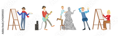 Artist and Creative People Character at Working Process Vector Set