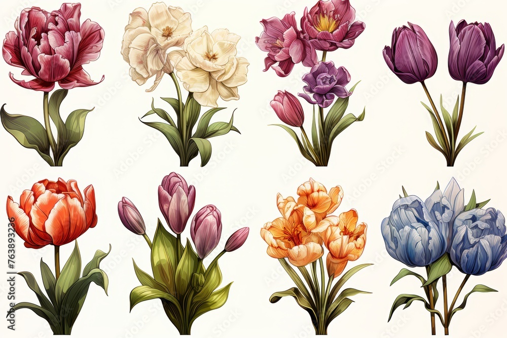 Vibrant collection of colorful tulip flower icons set for spring on white background Vibrant collection of colorful tulip flower icons set for spring on white background