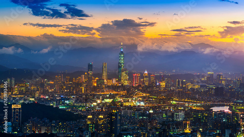 Aerial view of Taipei cityscape at sunset in Taiwan. © tawatchai1990