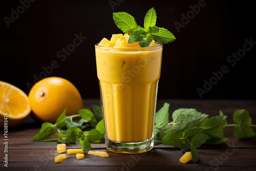 a glass of yellow smoothie with mint leaves and fruit