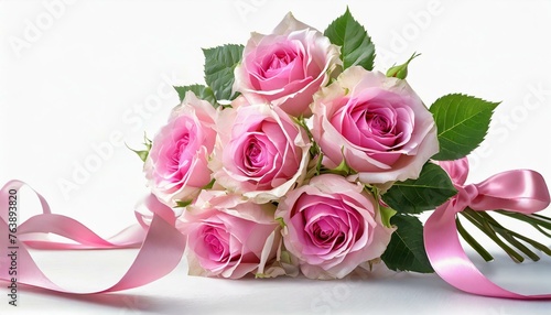 Bukiet różowych róż przewiązany wstążką na białym tle