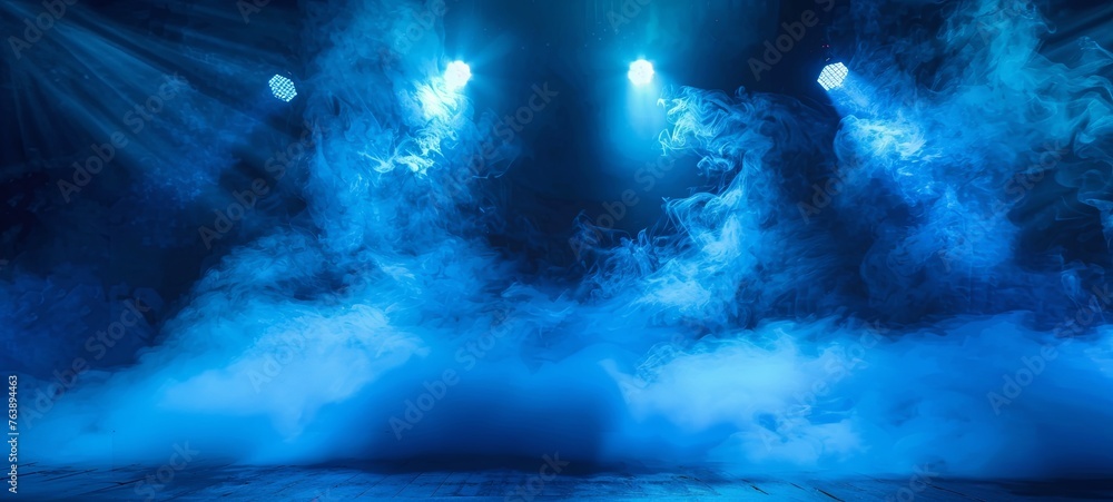 abstract dark blue background, neon light, spotlights. generative ai