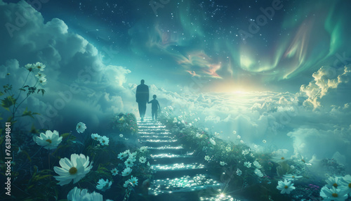 A father and children walk through the heavenly skies, souls fly to the next world.