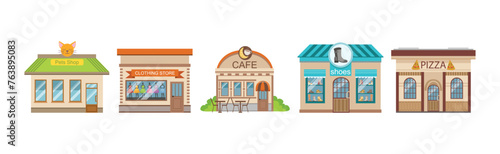 Shops Building Front and Exterior on City Street Vector Set